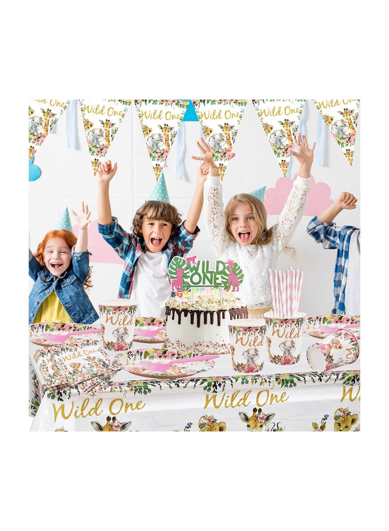 Jungle Animal Party Supplies 63 PCS Wild One Party Reusable Tableware Plates Paper Cups Napkins Tablecloth Straws Pennants Forks Set for Girls Kids Birthday Baby Shower Dinner Dessert Party Supplies - Image 2