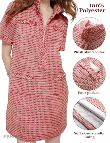PEHMEA Women's Tweed Dress, Short Sleeve Straight Tube Mini Dress with Pockets for Business Party Work(Red-S) - Image 5