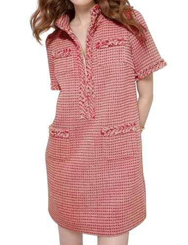 PEHMEA Women's Tweed Dress, Short Sleeve Straight Tube Mini Dress with Pockets for Business Party Work(Red-S) - Image 1