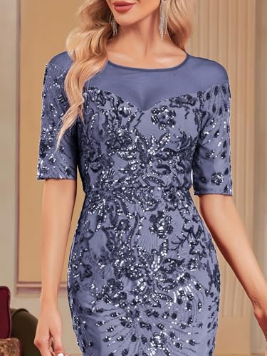XUIBOL Short Sleeve Glitter Mermaid Evening Dress for Mother of The Bride Patchwork Women's Sequin Formal Gown Airy Blue XXL - Image 3