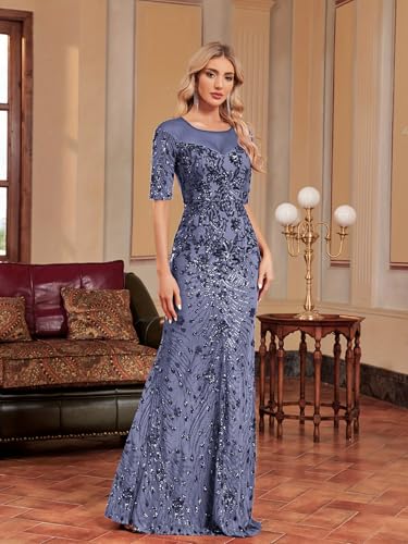 XUIBOL Short Sleeve Glitter Mermaid Evening Dress for Mother of The Bride Patchwork Women's Sequin Formal Gown Airy Blue XXL - Image 5