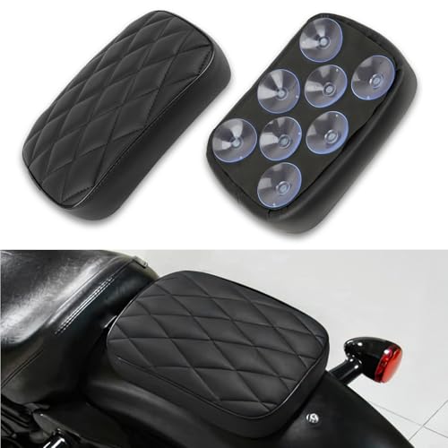 DREAMIZER Motorcycle Leather Pillion Rear Passenger Pad Seat 8 Suction Cups Black Liamond Rectangular Seat Compatible with Harley Cruiser Chopper Custom Dyna Sportster Softail Touring XL883 1200 48 - Image 1