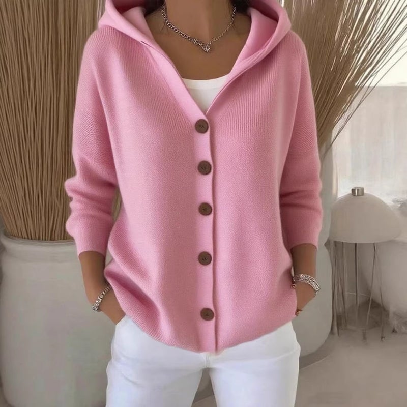 Women's Knitted Hooded Cardigan with Buttons, Solid Color, Casual, 2025 Fall/Winter - Image 1