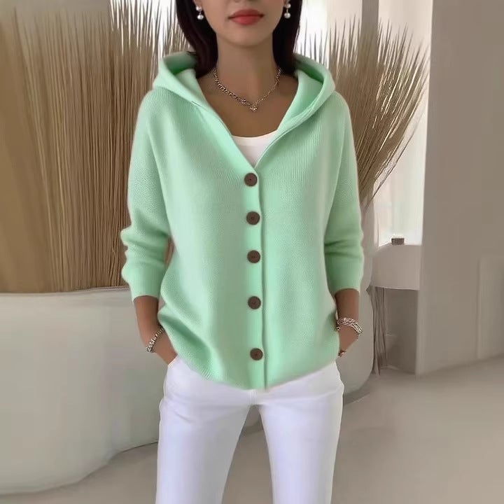 Women's Knitted Hooded Cardigan with Buttons, Solid Color, Casual, 2025 Fall/Winter - Image 4