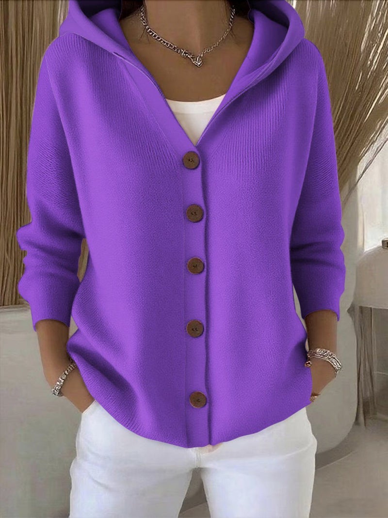 Women's Knitted Hooded Cardigan with Buttons, Solid Color, Casual, 2025 Fall/Winter - Image 5