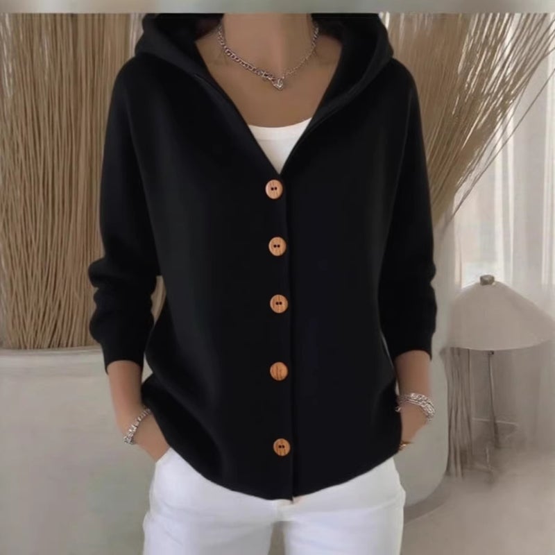 Women's Knitted Hooded Cardigan with Buttons, Solid Color, Casual, 2025 Fall/Winter - Image 2