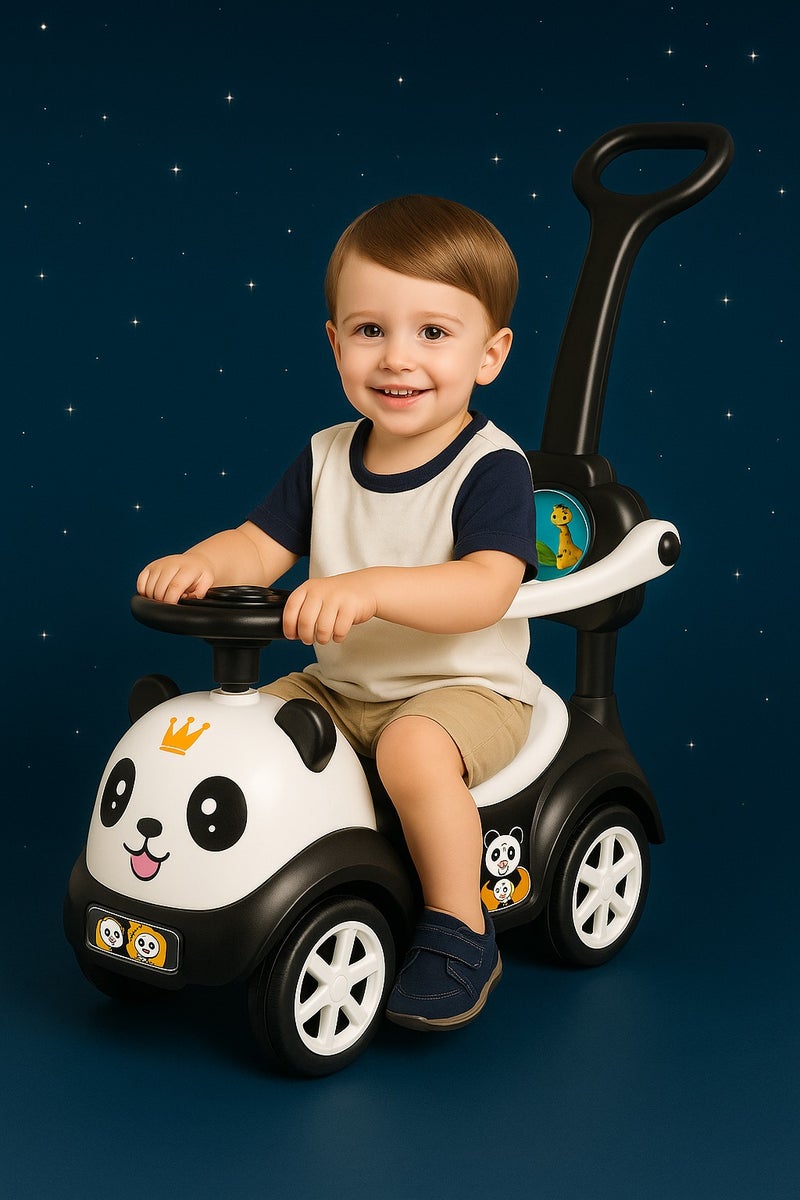 AL-SHARQIAH GROUP 3-in-1 Activity Ride-On Toy with Push Handle & Musical Steering Wheel – Kids Push Car & Wiggle Car, Cute Cartoon Face, Silent Wheels, Music, No Gears or Pedals – Twist Turn & Wiggle to Steer – Perfect for Boys, Girls, Infants & Toddlers – 4-Wheel Ride-On in Black/White - Image 1