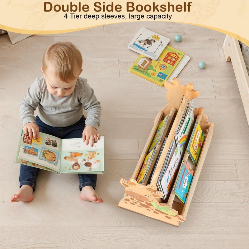 SheSeek Toddler Bookshelf Double-Sided with 4 Tier Deep Sleeves Kids Wooden Montessori Book Rack for Baby Nursery Room, Playroom, Classroom or Bedroom Bookcase Storage Organizer, Light Wood Giraffe - Image 3
