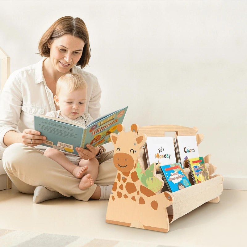 SheSeek Toddler Bookshelf Double-Sided with 4 Tier Deep Sleeves Kids Wooden Montessori Book Rack for Baby Nursery Room, Playroom, Classroom or Bedroom Bookcase Storage Organizer, Light Wood Giraffe - Image 5