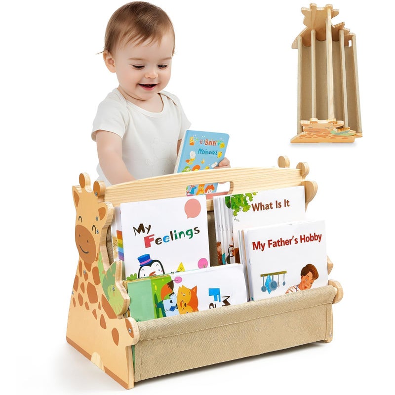 SheSeek Toddler Bookshelf Double-Sided with 4 Tier Deep Sleeves Kids Wooden Montessori Book Rack for Baby Nursery Room, Playroom, Classroom or Bedroom Bookcase Storage Organizer, Light Wood Giraffe - Image 1