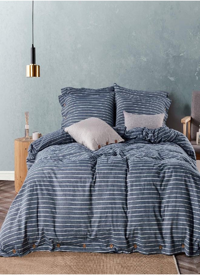 JELLYMONI JELLYMONI Pinstriped 100% Washed Cotton Linen Like Duvet Cover Set, 3 Pieces Luxury Soft Bedding Set with Buttons Closure, Blue Stripes Pattern Printed Duvet Cover Queen Size(No Comforter)  - Image 2
