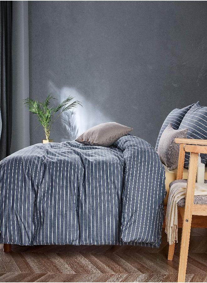 JELLYMONI JELLYMONI Pinstriped 100% Washed Cotton Linen Like Duvet Cover Set, 3 Pieces Luxury Soft Bedding Set with Buttons Closure, Blue Stripes Pattern Printed Duvet Cover Queen Size(No Comforter)  - Image 3