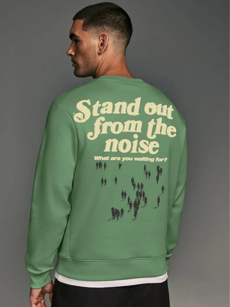 Maniac Maniac Mens Printed Round Neck Full Sleeve Hunter Green and Biscuit CottonFleece Oversized Sweatshirt