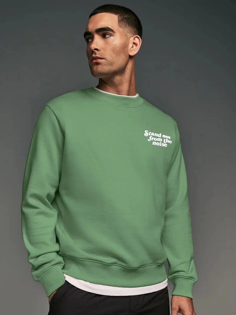 Maniac Maniac Mens Printed Round Neck Full Sleeve Hunter Green and Biscuit CottonFleece Oversized Sweatshirt