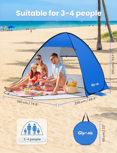 Glymnis Pop Up Beach Tent Instant Portable Sun Shade Shelter (L) 3-4 Persons UPF 50+ with Extendable Floor Zipper Door Automatic Easy Up Tent - Image 2