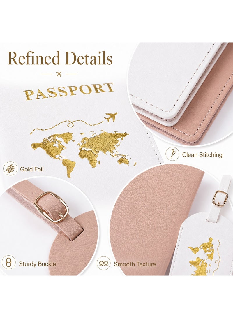 SRLIWHITE 4 Piece Passport Holder and Luggage Tag Set, Pink and White Travel Accessories, Gold Foil World Map Design, Privacy ID Window, Matching Suitcase Tags - Image 4