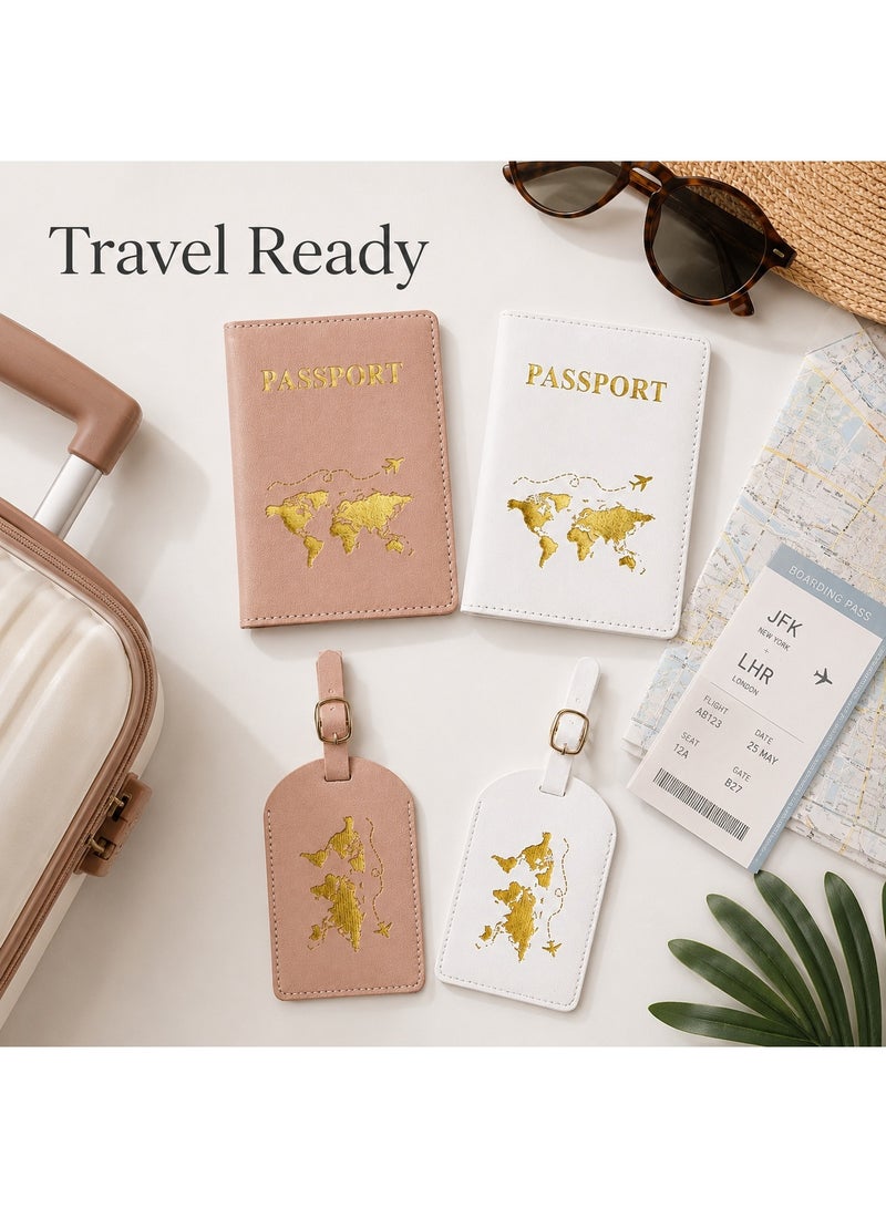 SRLIWHITE 4 Piece Passport Holder and Luggage Tag Set, Pink and White Travel Accessories, Gold Foil World Map Design, Privacy ID Window, Matching Suitcase Tags - Image 5
