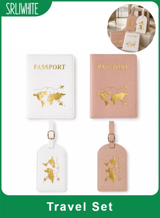 SRLIWHITE 4 Piece Passport Holder and Luggage Tag Set, Pink and White Travel Accessories, Gold Foil World Map Design, Privacy ID Window, Matching Suitcase Tags - Image 1