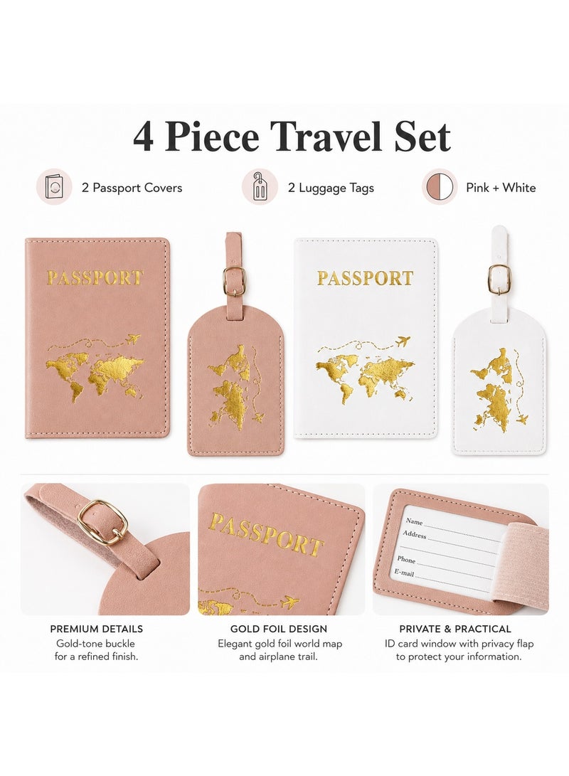 SRLIWHITE 4 Piece Passport Holder and Luggage Tag Set, Pink and White Travel Accessories, Gold Foil World Map Design, Privacy ID Window, Matching Suitcase Tags - Image 2
