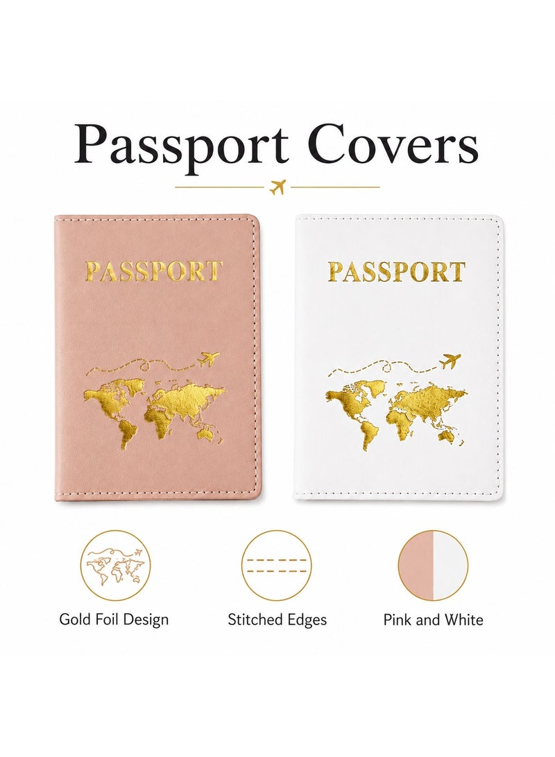 SRLIWHITE 4 Piece Passport Holder and Luggage Tag Set, Pink and White Travel Accessories, Gold Foil World Map Design, Privacy ID Window, Matching Suitcase Tags - Image 3