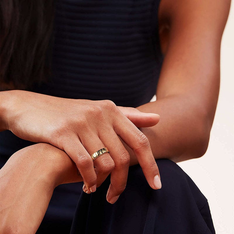 AllenCOCO 14k Gold Plated Chunky Rings, Thick Ribbed rings, Unisex Minimalist Gold Band Ring, Croissant Dome Rings Comfort Fit Size 6 - Image 5