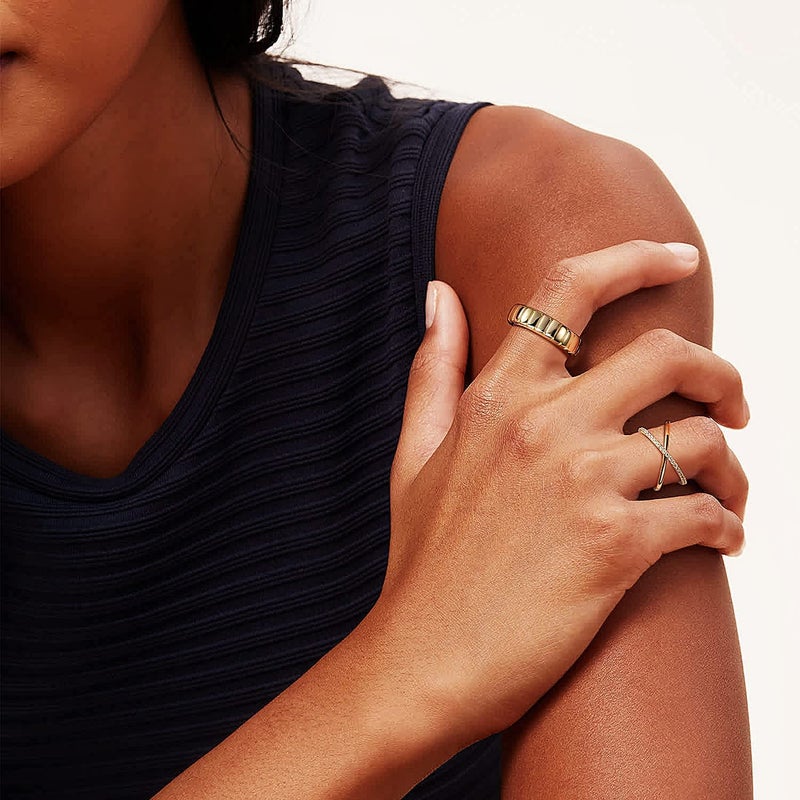 AllenCOCO 14k Gold Plated Chunky Rings, Thick Ribbed rings, Unisex Minimalist Gold Band Ring, Croissant Dome Rings Comfort Fit Size 6 - Image 3