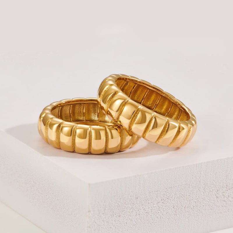 AllenCOCO 14k Gold Plated Chunky Rings, Thick Ribbed rings, Unisex Minimalist Gold Band Ring, Croissant Dome Rings Comfort Fit Size 6 - Image 2