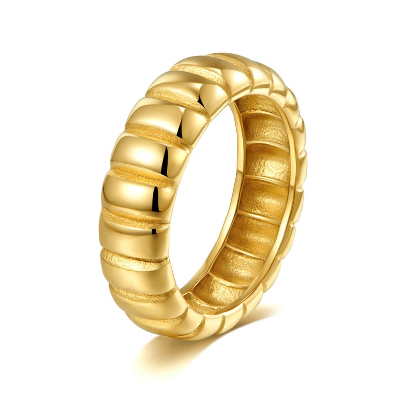 AllenCOCO 14k Gold Plated Chunky Rings, Thick Ribbed rings, Unisex Minimalist Gold Band Ring, Croissant Dome Rings Comfort Fit Size 6 - Image 1