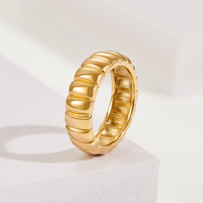 AllenCOCO 14k Gold Plated Chunky Rings, Thick Ribbed rings, Unisex Minimalist Gold Band Ring, Croissant Dome Rings Comfort Fit Size 6 - Image 4