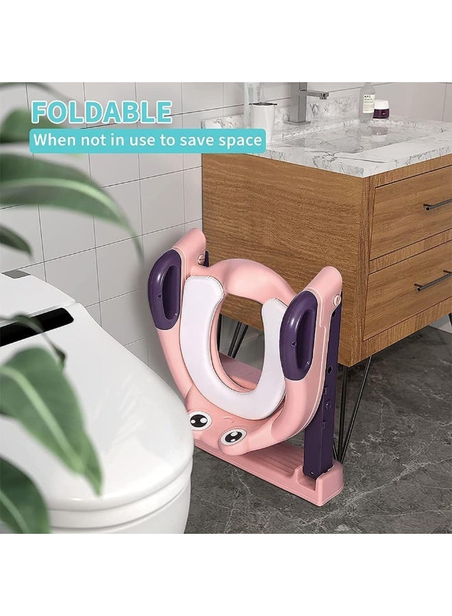 Toilet training seat with step stool - foldable potty training seat for children - splash guard with comfortable anti-slip cushion (PINK) - Image 4