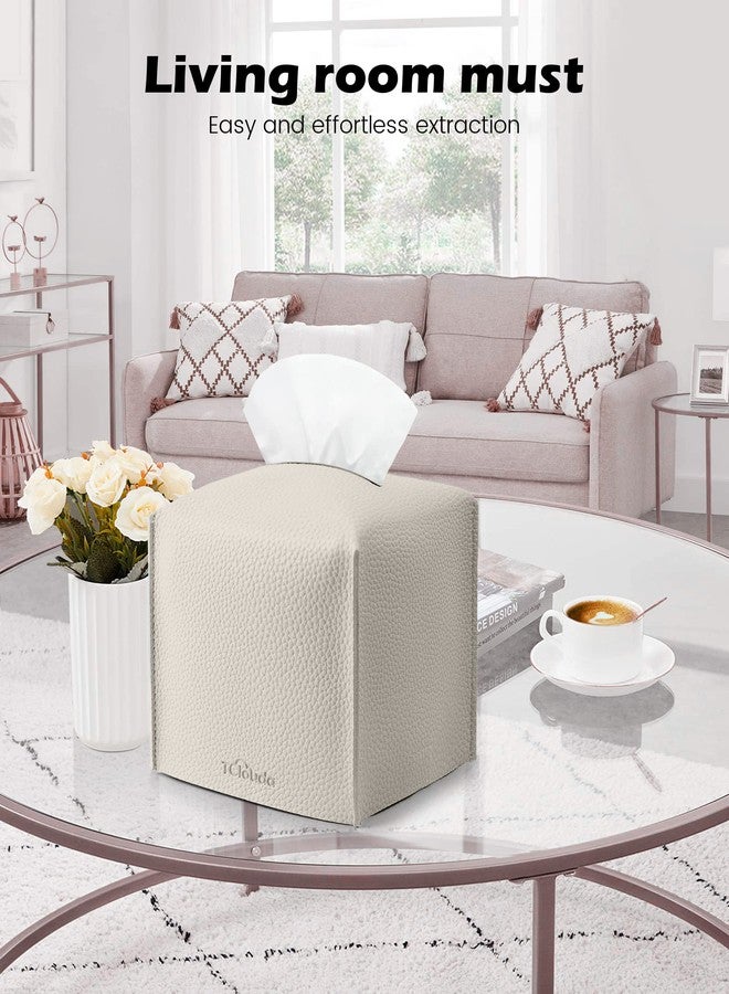 Tclouda Tissue Box Cover for PU Leather, Modern Simple Solid Color Holder Square Tissue Bag, Ideal for Bathrooms,Office,Car,Outdoor Tent,Dining Table,5"X5"X5", Double Off-White - Image 3