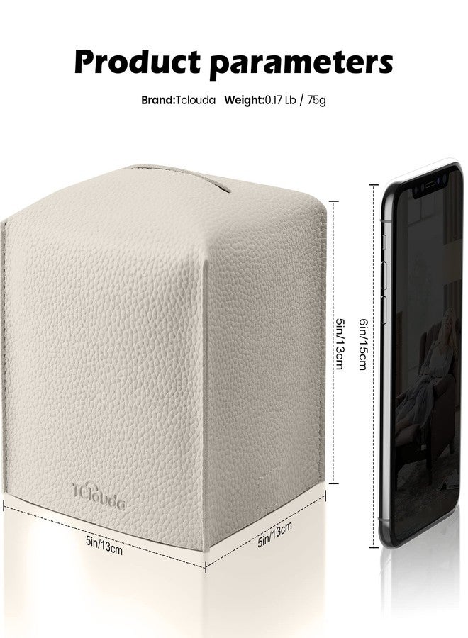 Tclouda Tissue Box Cover for PU Leather, Modern Simple Solid Color Holder Square Tissue Bag, Ideal for Bathrooms,Office,Car,Outdoor Tent,Dining Table,5"X5"X5", Double Off-White - Image 2