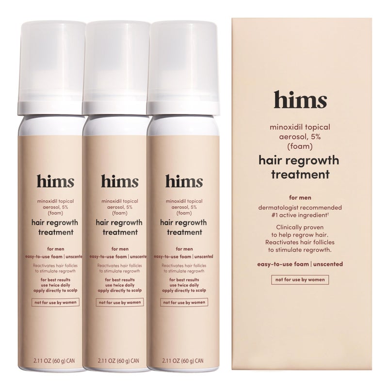 HIMS & HERS hims Extra Strength Hair Regrowth Treatment for Men with 5% Topical Minoxidil Foam for Hair Loss and Thinning Hair, Unscented No Drip Formula, 3 Month Supply, 3 Pack - Image 1
