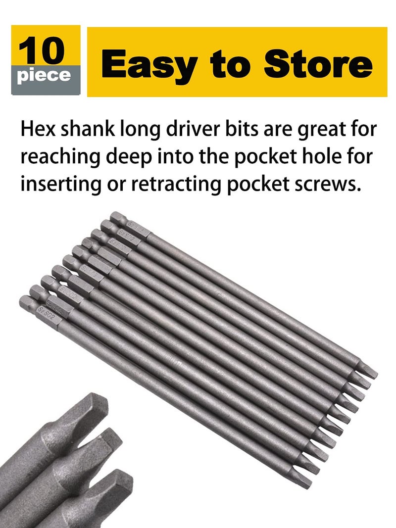 Rocaris 10pcs 1/4 Inch Hex Shank Long Magnetic Square Head Screwdriver Bits Set Power Tools SQ2 For Poket Hole Jig- 6 inch Length - Image 4
