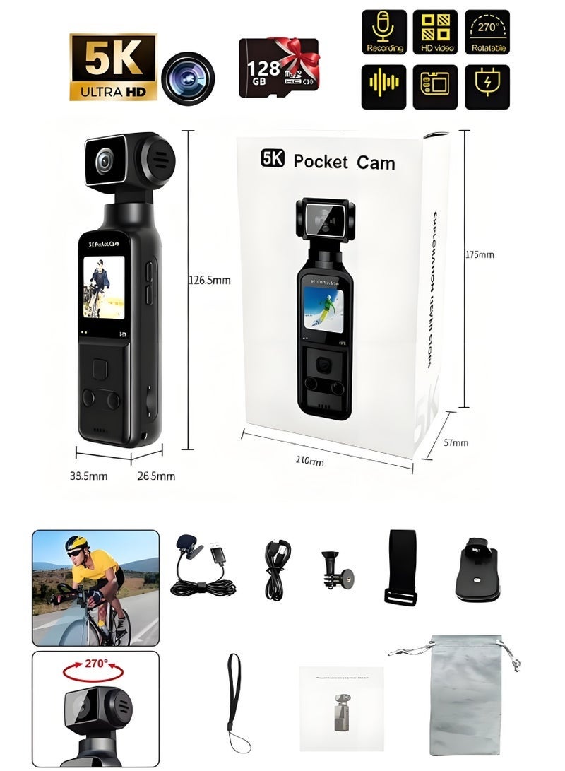 Vlogging Action Camera with 1.33-inch Screen, Handheld 5K Video Camera Camcorder, UHD 5K 60fps WiFi, Pocket Digital Body Camera, 270° Rotable Lens, 6-Axis Gyroscope, Mic Included, Included 128G TF Card, for Photography - Image 1
