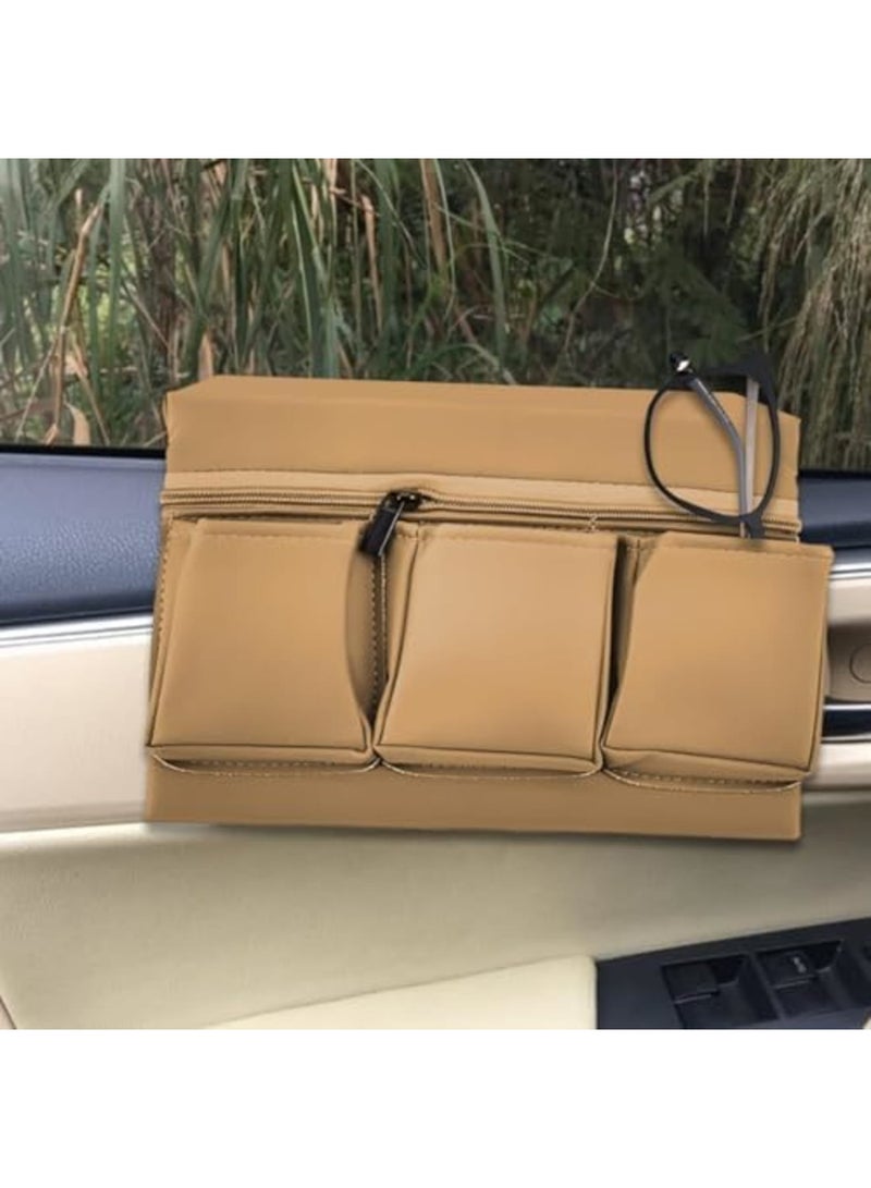 SYOSI Car Window Armrest Storage Box – Leather Vehicle Side Door Organizer with Multiple Pockets, Comfortable Elbow Rest Pad for Automotive Use, Universal Fit for Most Cars (Beige) - Image 2