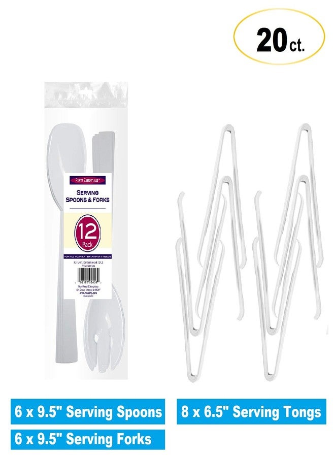 Party Essentials Plastic Party Buffet Serving Utensils Kit, Spoons/Forks/Tongs, 20-Piece, White - Image 2