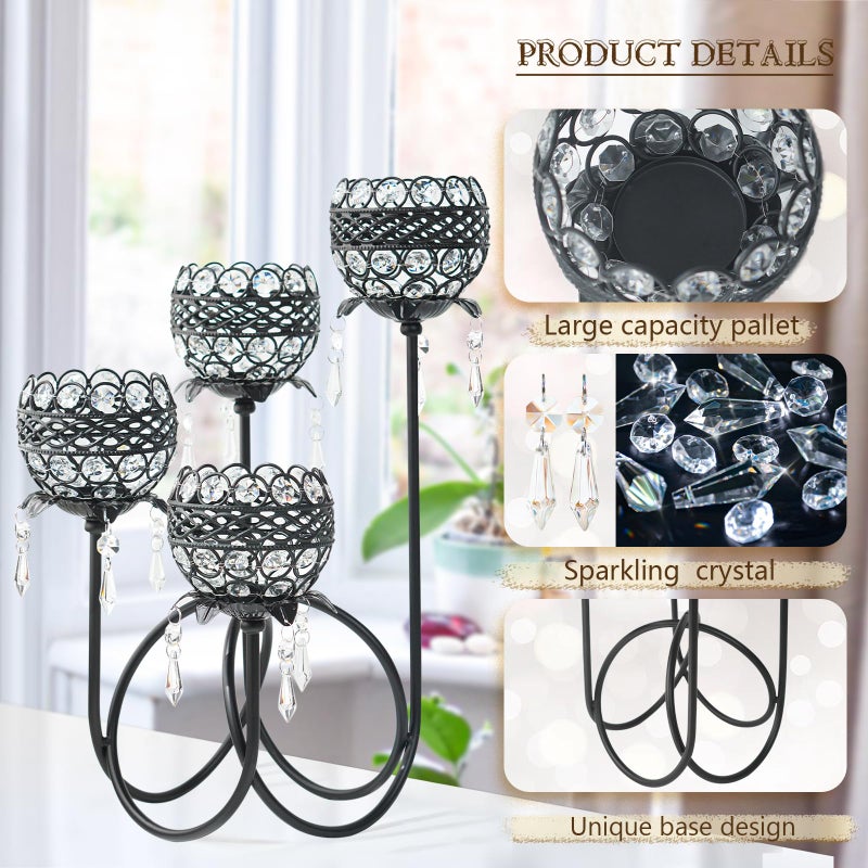 kehail 4 Arms Crystal Candelabra Tealight Holder - Tall 15.7 Inch Elegant Centerpiece with Crystal Pendant Bowls & Artistic Metal Stand for Wedding, Dining Table, Home Decor (2, Black) - Image 3