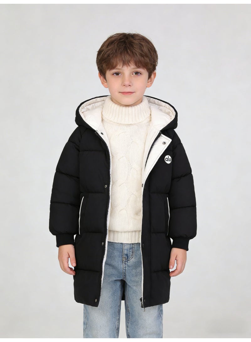 Alo Yoga Kids' Black Mid-Length Puffer Coat with Contrast White Lined Hood & 'alo' Logo - Image 4