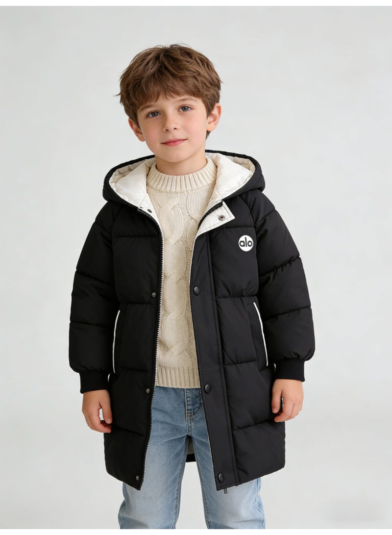 Alo Yoga Kids' Black Mid-Length Puffer Coat with Contrast White Lined Hood & 'alo' Logo - Image 5