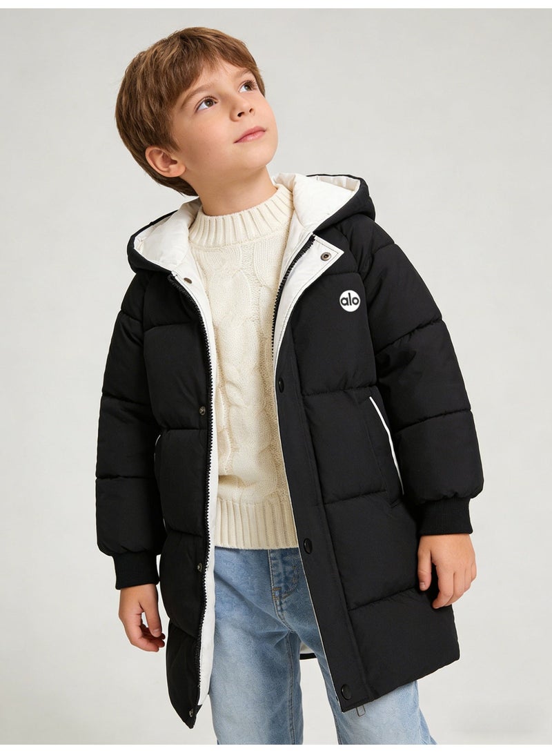 Alo Yoga Kids' Black Mid-Length Puffer Coat with Contrast White Lined Hood & 'alo' Logo - Image 1