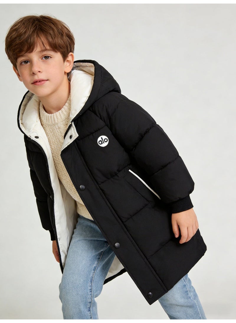 Alo Yoga Kids' Black Mid-Length Puffer Coat with Contrast White Lined Hood & 'alo' Logo - Image 2