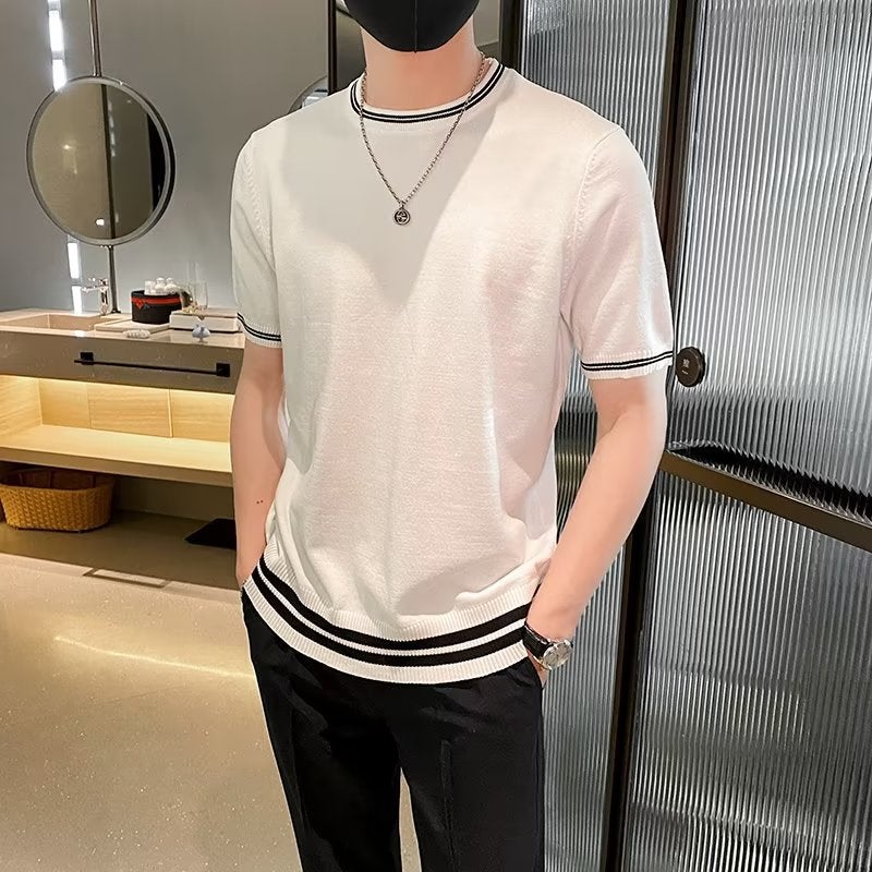 Men'S Round Neck Striped Sweater T-Shirt Summer Thin Breathable Half-Sleeve Slim-Fit Short-Sleeved Korean Style Trendy T-Shirt Top - Image 5