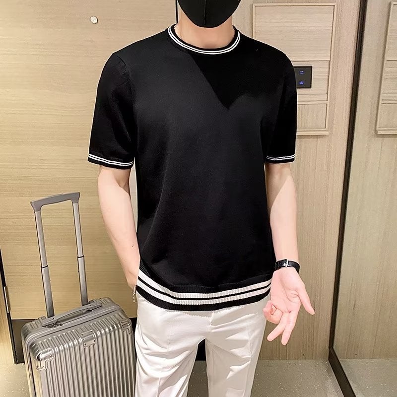 Men'S Round Neck Striped Sweater T-Shirt Summer Thin Breathable Half-Sleeve Slim-Fit Short-Sleeved Korean Style Trendy T-Shirt Top - Image 3