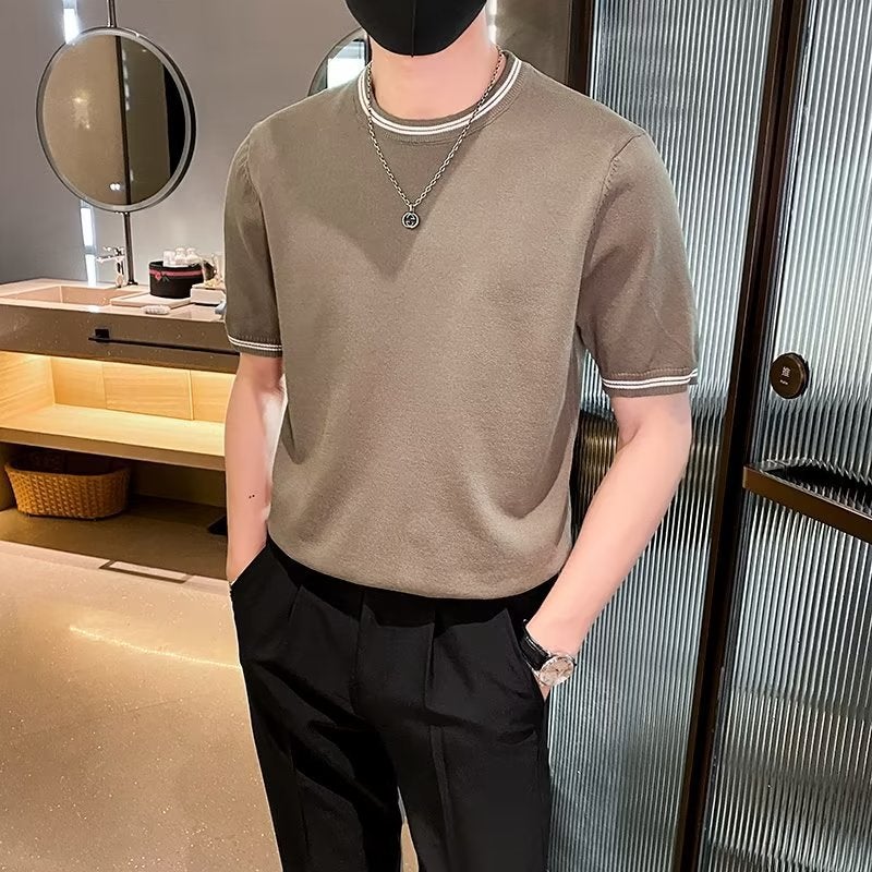 Men'S Round Neck Striped Sweater T-Shirt Summer Thin Breathable Half-Sleeve Slim-Fit Short-Sleeved Korean Style Trendy T-Shirt Top - Image 1