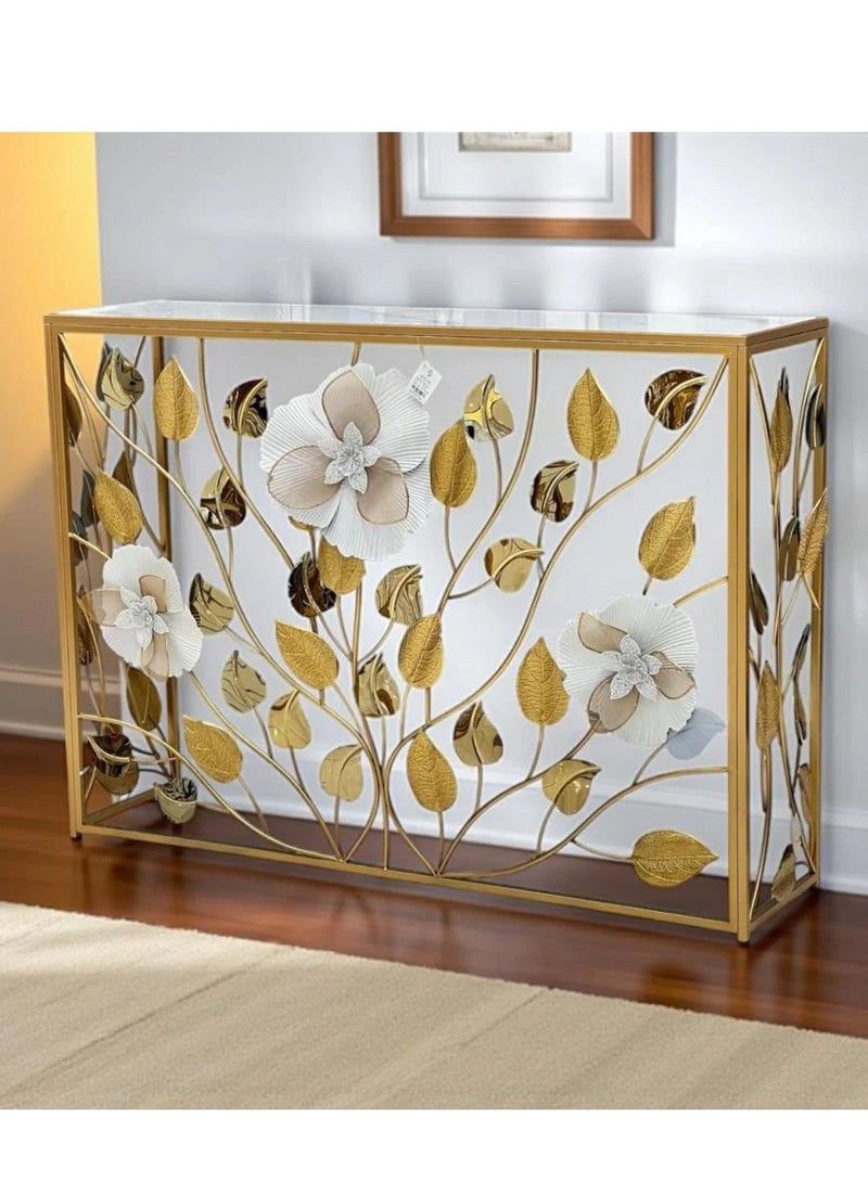 طاولة مدخل فاخرة بتصميم زخرفي ذهبي – سطح رخامي وأزهار بارزة