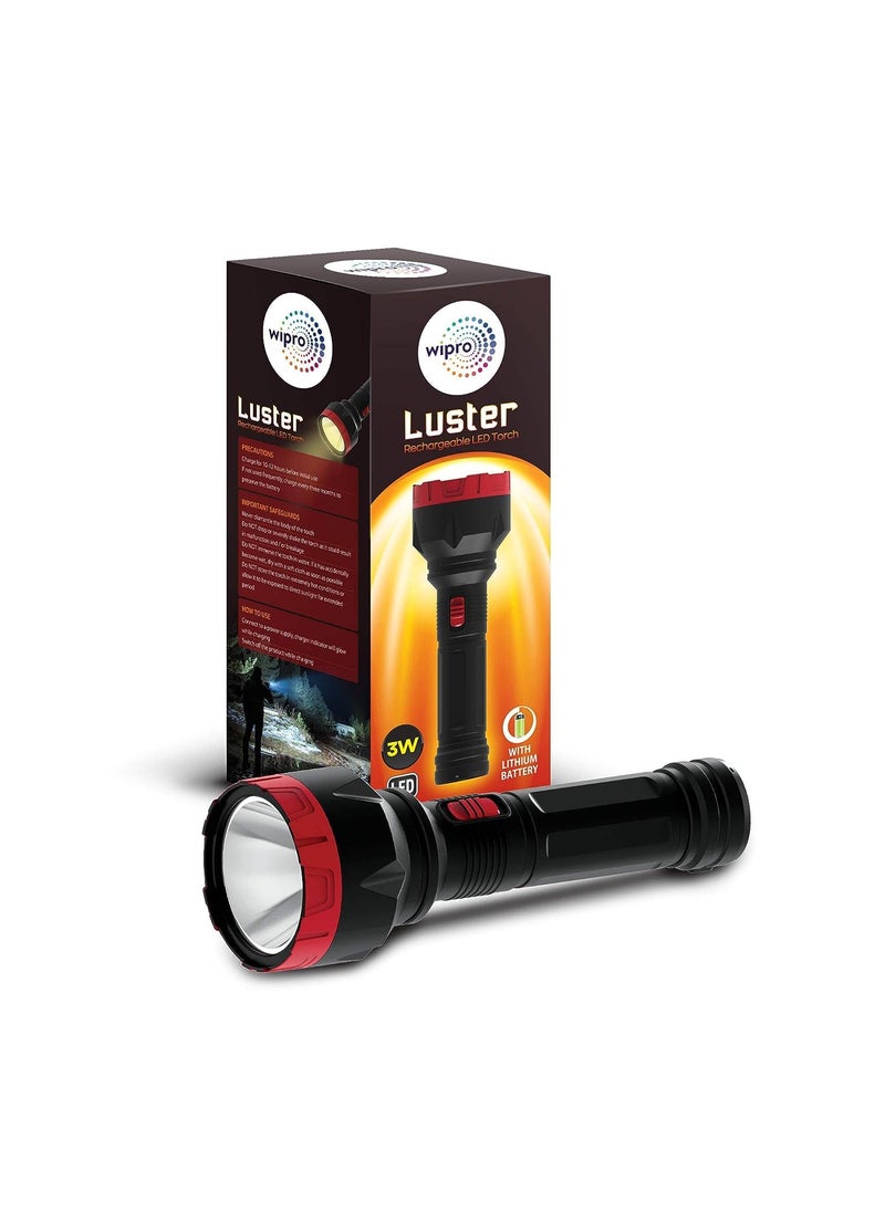 WIPRO wipro Luster 3W Led Bright Rechargeable Torch Emergency Torch Light Li Ion Battery Red and Black ABS Pack of 1  - Image 1