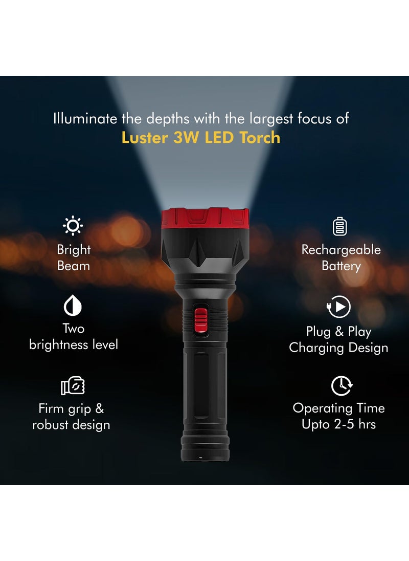 WIPRO wipro Luster 3W Led Bright Rechargeable Torch Emergency Torch Light Li Ion Battery Red and Black ABS Pack of 1  - Image 3