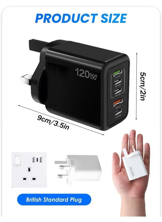 FIRST PRO 120W 5 Port USB C Fast Charger 3 USB C PD and 2 USB A QC 3.0 Wall Power Adapter for iPhone 16/15 Series, iPad Pro/Air, MacBook, Samsung Galaxy, Huawei, Laptops Black - Image 2