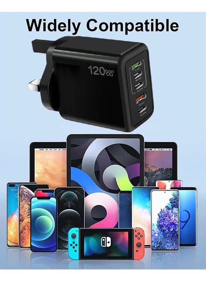 FIRST PRO 120W 5 Port USB C Fast Charger 3 USB C PD and 2 USB A QC 3.0 Wall Power Adapter for iPhone 16/15 Series, iPad Pro/Air, MacBook, Samsung Galaxy, Huawei, Laptops Black - Image 4